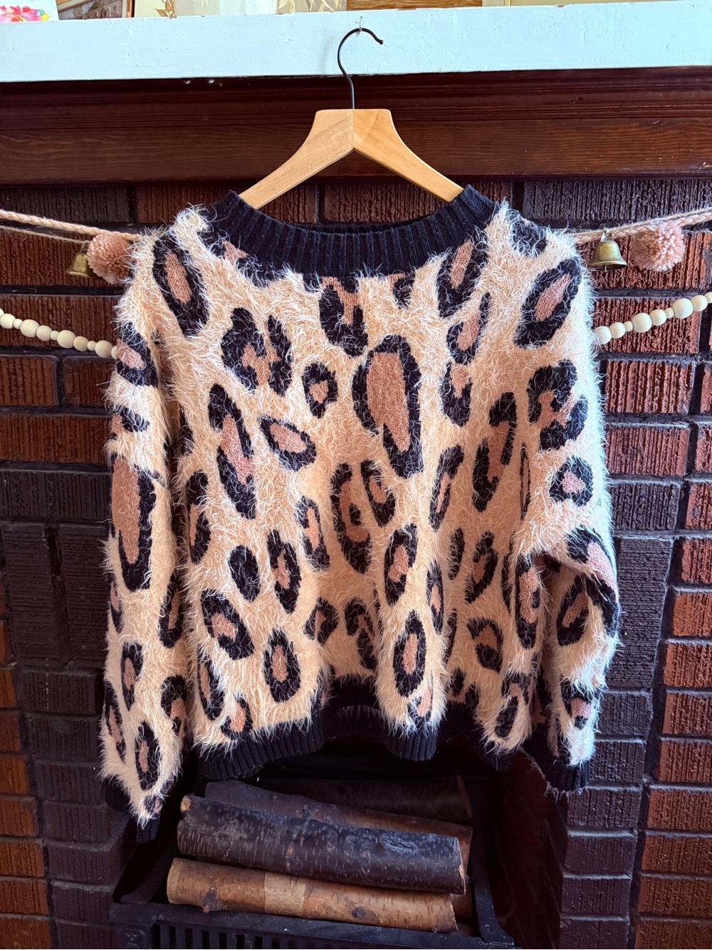 MINKPINK Fuzzy Leopard Oversized Crewneck Sweater - Tan & Black